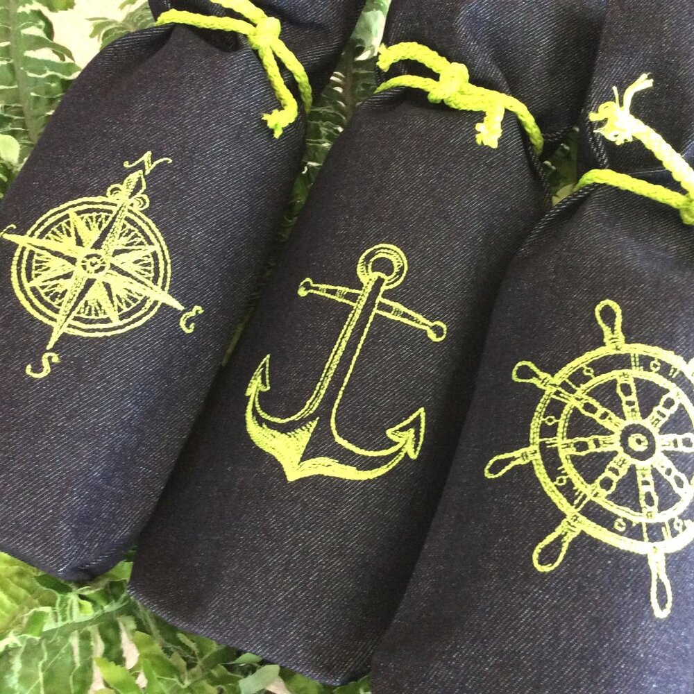 Wine Bags, 3 Custom Denim Wine Bags Nautical Coastal Boat Yacht Sailboat Gift